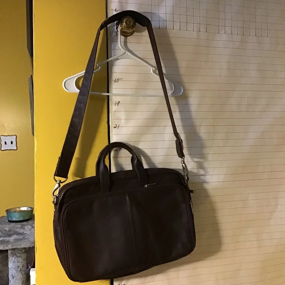 HERITAGE -GENUINE LEATHER, men’s soft sided briefcase w/ shoulder strap, brown